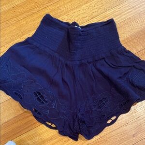 Navy Blue Women's Shorts with Floral Detailing